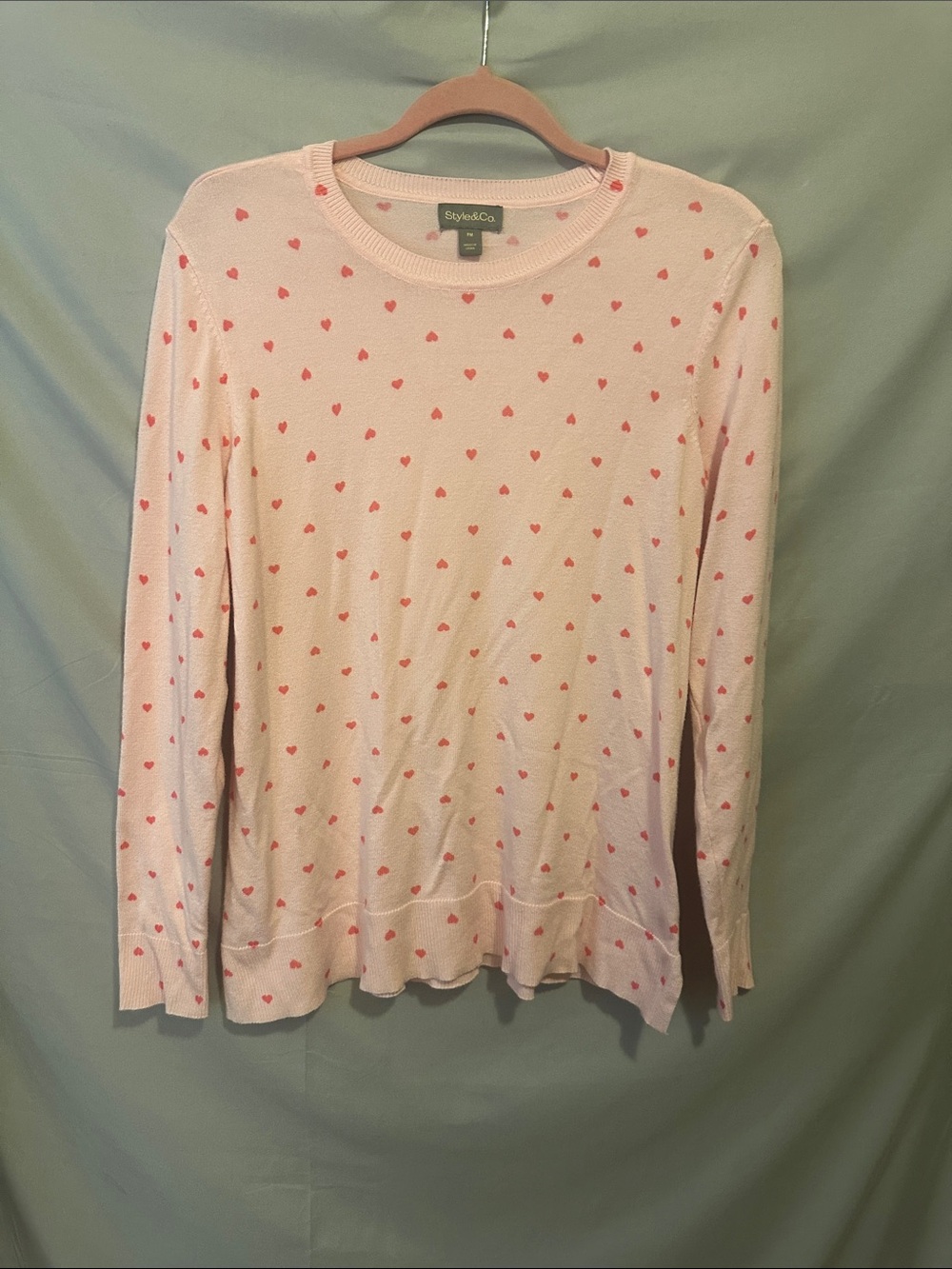 Style & Co Pink Heart Pattern Crewneck Sweater